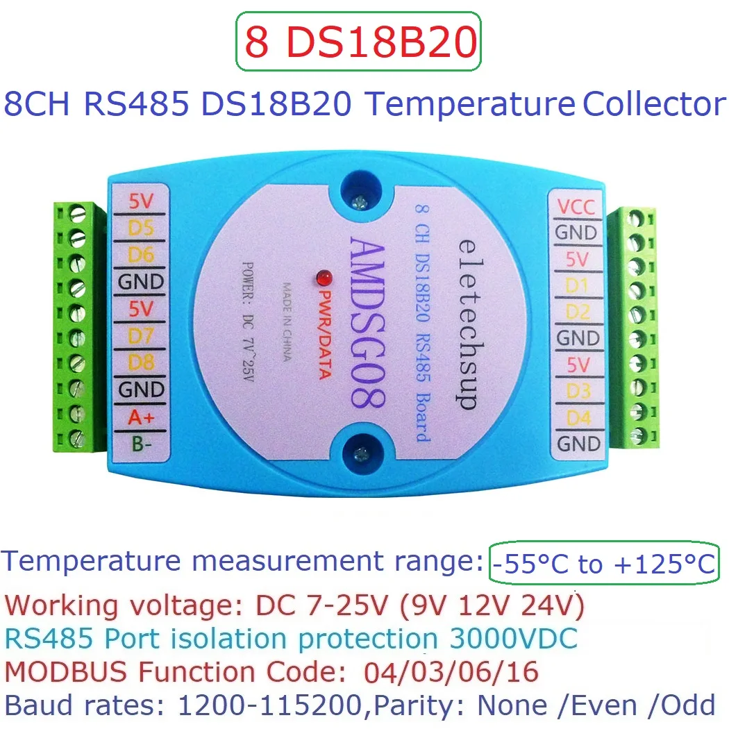 Módulo de adquisición de temperatura ds18b20, 8 canales, rs485, 3000v, comunicación de aislamiento óptico modbus rtu 24v dc 12v