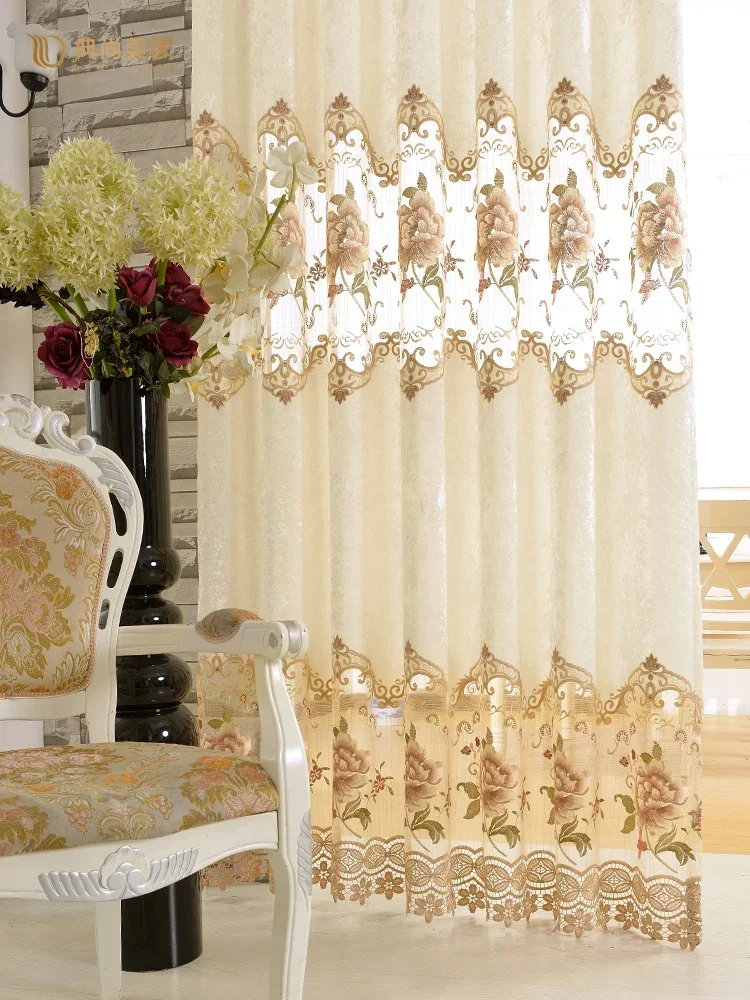 European Pastoral Off-white Velvet Custom Curtains and Screens Fabric Embroidery Blackout Finished Living Room Bedroom