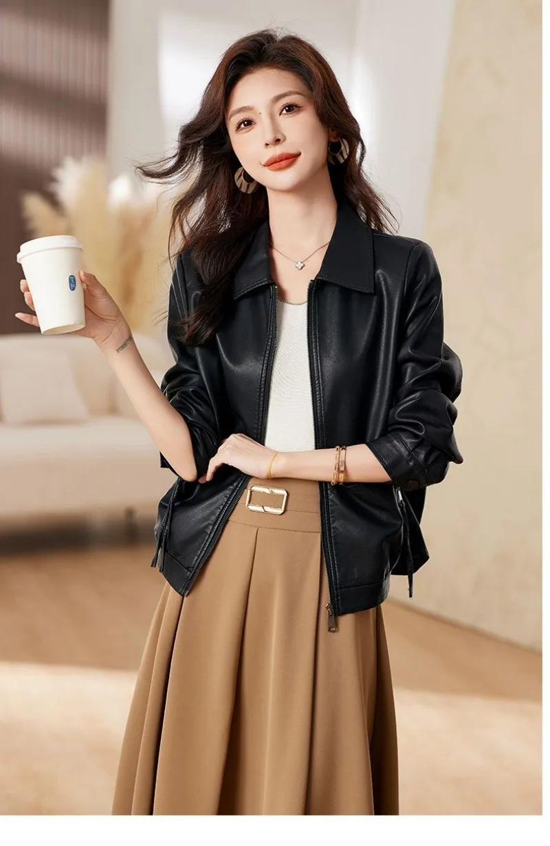 New 2026 Temperament PU Leather Jacket Women's Autumn Lapel Loose Motorcycle Jacket Ladies Casual Female Outwear Overcoat