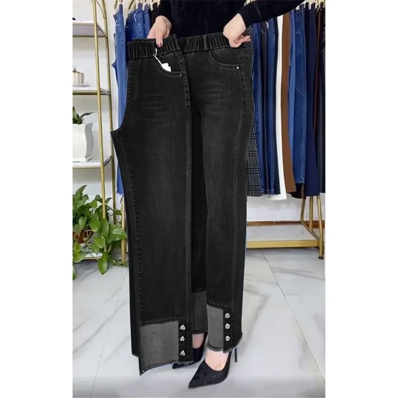 Jean femme d'âge moyen taille extensible pantalon en Denim droit grande taille ample taille haute décontractée noir bleu pantalon XT1238