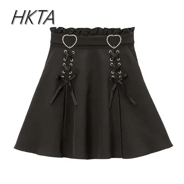 Japanese Lolita Girls Mine Rhinestone Love Buckle Black Skirts Spring Summer Solid Color High Waist Women's A Line Mini Skirt