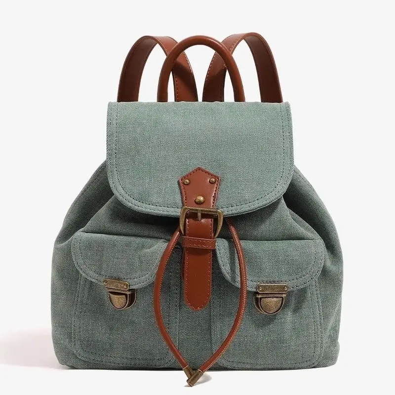 Denim Backpack Women\'s Shoulder Bag Canvas Bookbag Handheld Unisex Cowboy Leisure Leather Strap Vintage School Classic Handbag