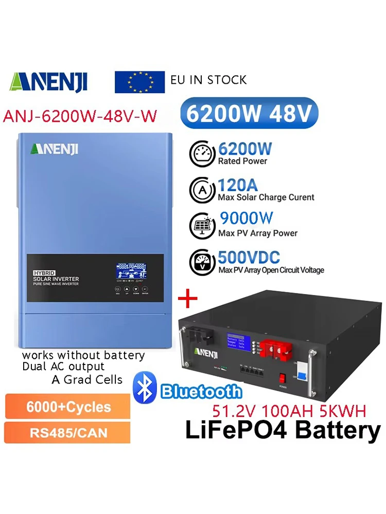 ANENJI 51.2V 100AH Bateria LiFePo4 z ogniwami klasy A 5KWH BMS 6.2KW 48V Hybrydowy Inwerter Solarny AC 220VAC Czysta Sinusoida 120A PV 60-500VDC — 2