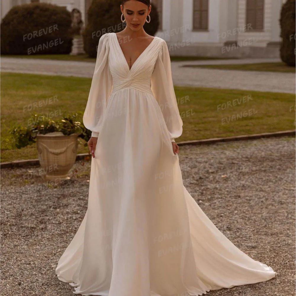 Luxus Brautkleider A-Linie Frau Satin Sexy V-ausschnitt Side Split Langarm Braut Kleider Formale Angepasst Vestidos De Novia