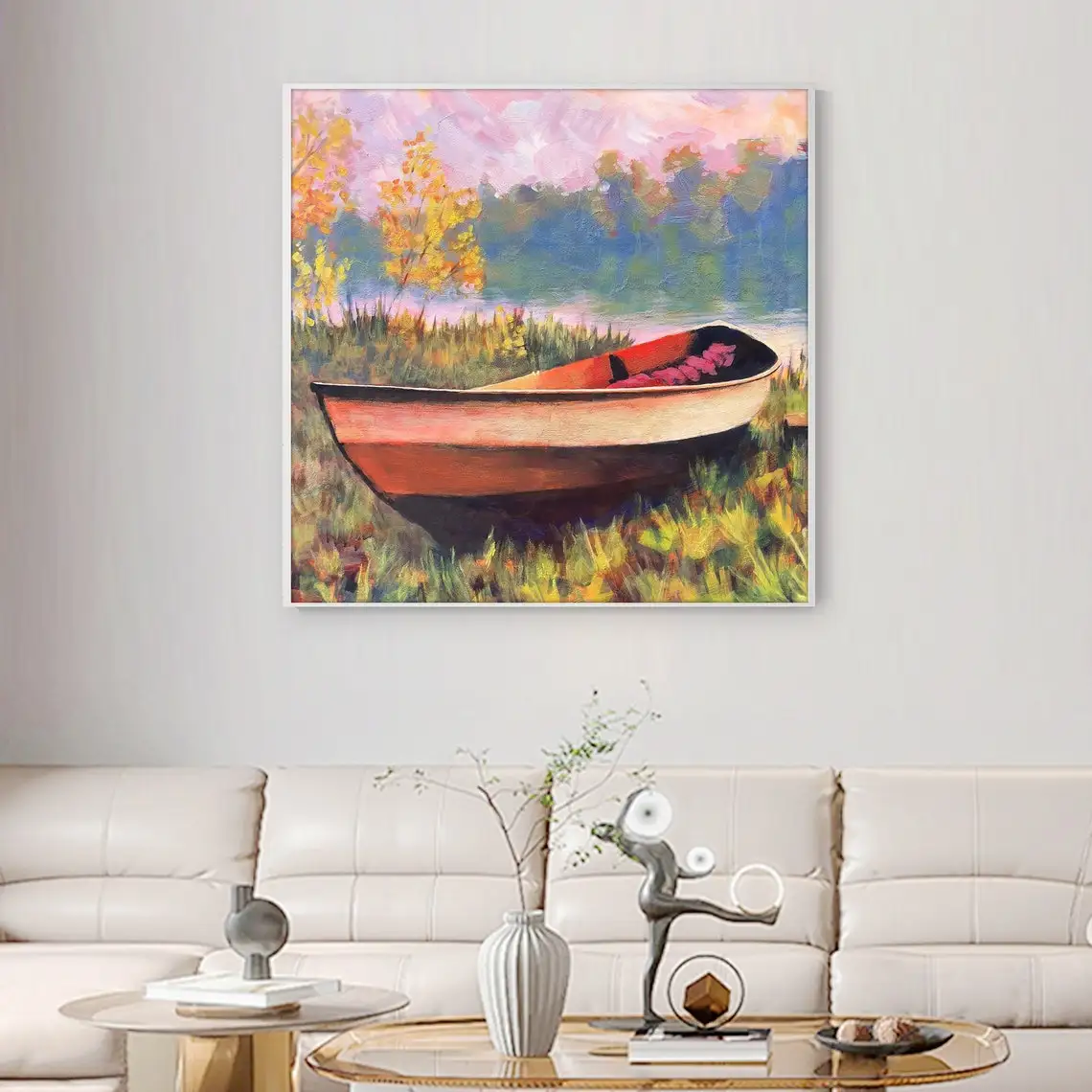 Red Wooden Boat Hand Painted Canvas Oil Painting On Canvas Wild Forest Meadow River Landscape Artwork Vintage Home Wall Decor