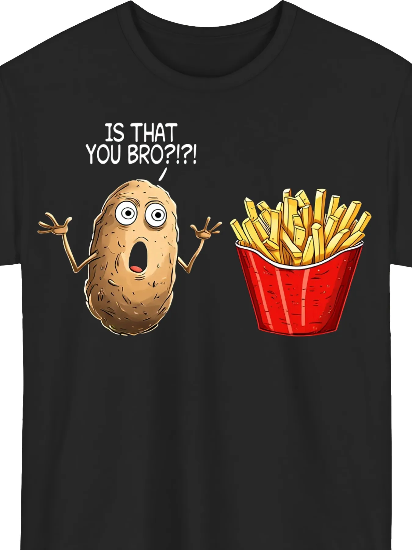Fun Potato Cartoon Graphic T-Shirt - Black T-Shirt with the Phrase 