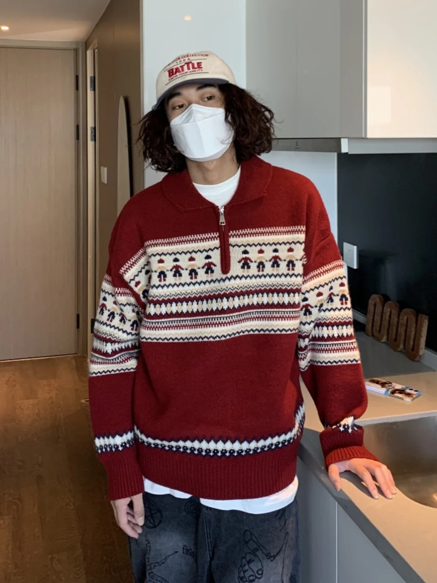 Winter New Year Indian Retro Stripes Sweater Loose Lazy Sle Red Knitted Coat for Men And Women Casual Thickened Long Sleeve