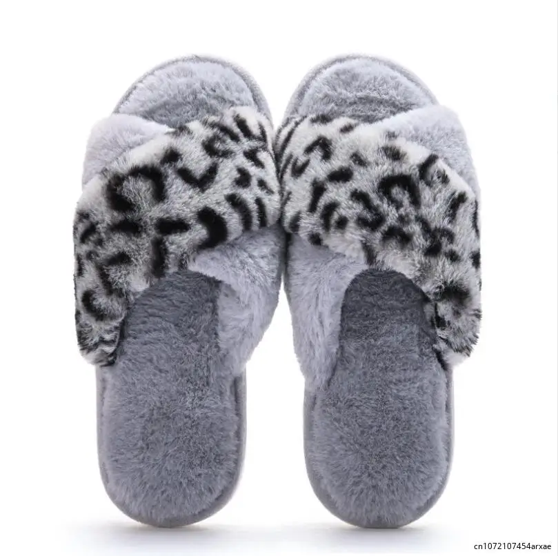 Winter Women House Slippers Sexy Leopard Print Faux Fur Fashion Warm Shoes Woman Slip on Flats Female Slides Home Furry Slippers