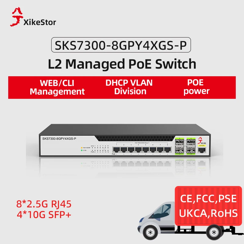 

XikeStor 12-портовый 2,5G L2 управляемый PoE 8 2,5G RJ45 и 4 порта SFP+ 10 Гбит/с Порт управления WEB/CLI Соглашение VLAN Division