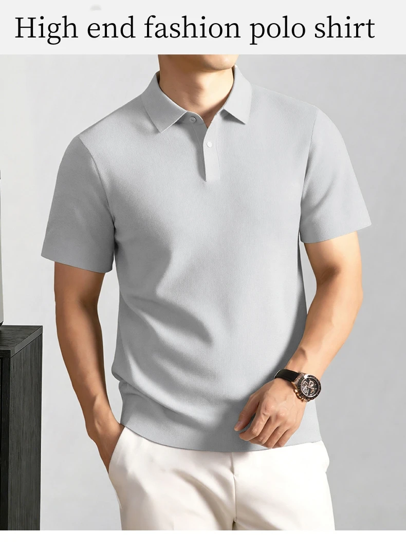 Modisches, einfarbiges Kurzarm-Poloshirt aus luxuriöser atmungsaktiver Eisseide für Herren Sommer Business Casual, bequem, vielseitig, T-Shirt – Detail 2
