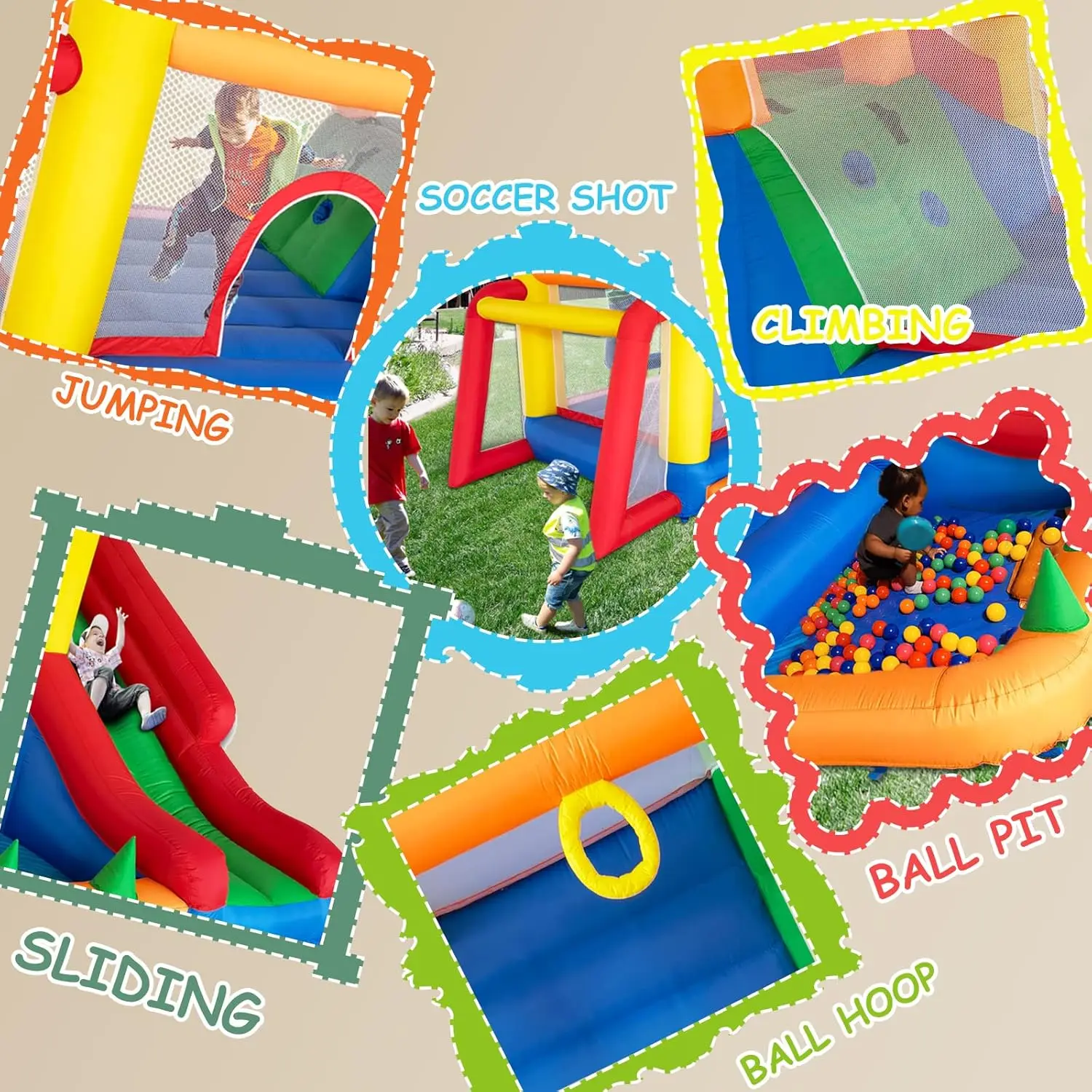 6 in 1 Inflatable Bounce House with Slide and Ball Pit for Kids, Trampoline, Climbing, Water Pool