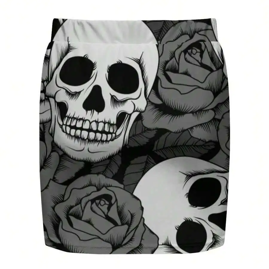Women Gothic Skull And Roses Print Bodycon Mini Skirt Streetwear Summer Fashion