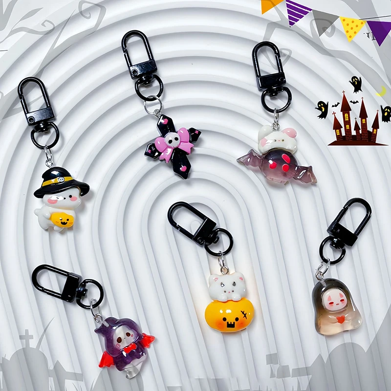 New Cute Halloween Resin Keychain For Women Keyring Bag Charm Pendant Car Airpods Box Key Accessories Children's Gifts