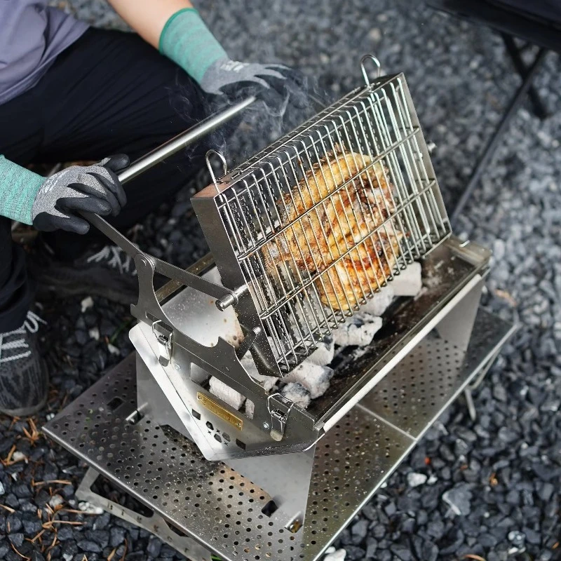 Outdoor camping picnic charcoal rotating barbecue grill 360 ° flip