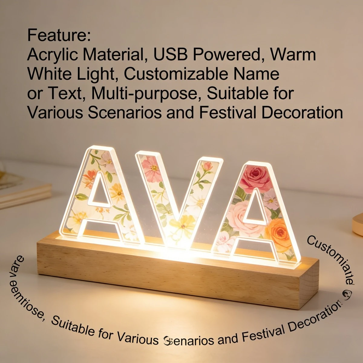 1pc Personalized Acrylic LED Night Light, Decor for Engagement, Personalized Light with Wood Base, Nursery,Birthday Gift Decor - view 3