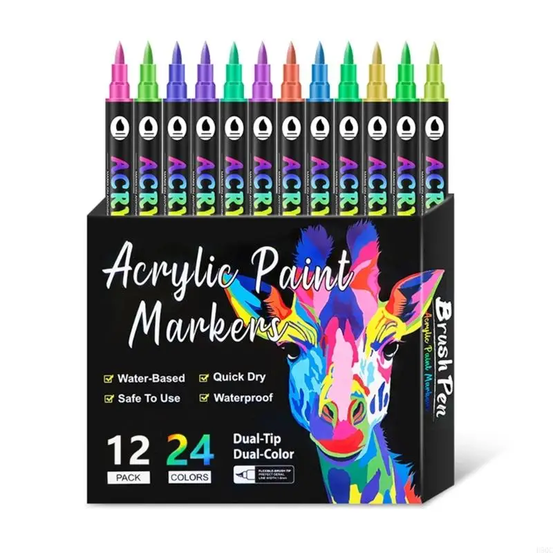 

12Pcs Double Head Acrylic Marker with Brush Tip 24 Color Acrylic Paint Pen D5QC