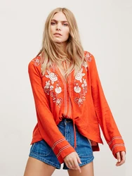 Jastie Vintage Embroidery V-Neck Sexy Top Boho High Low Hem Women Shirt Tops Long Sleeve Blouse Casual Chic Blusa Blouses