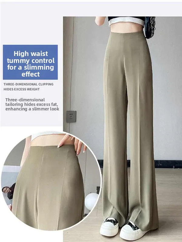 Pantaloni da abito micro svasati in seta bianca di ghiaccio da donna 2025 Nuova estate coreana Sle Pantaloni semplici a gamba dritta slim di piccole dimensioni