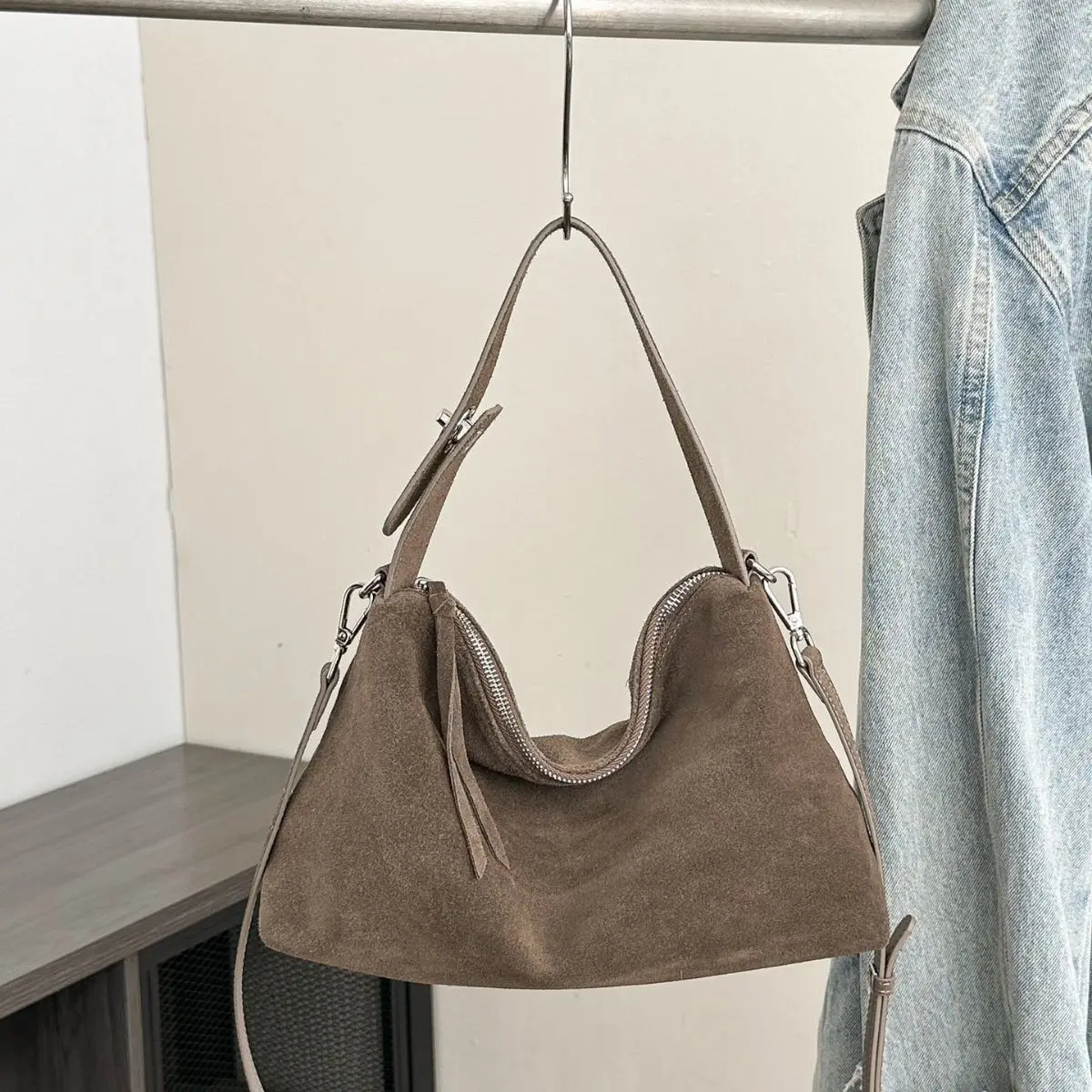 

Simple Autumn Winter Colletion Grey Brown Roomy Big Boston Tote Soft Matte Suede Cow Leather Women's Handbag Shoulder Bag