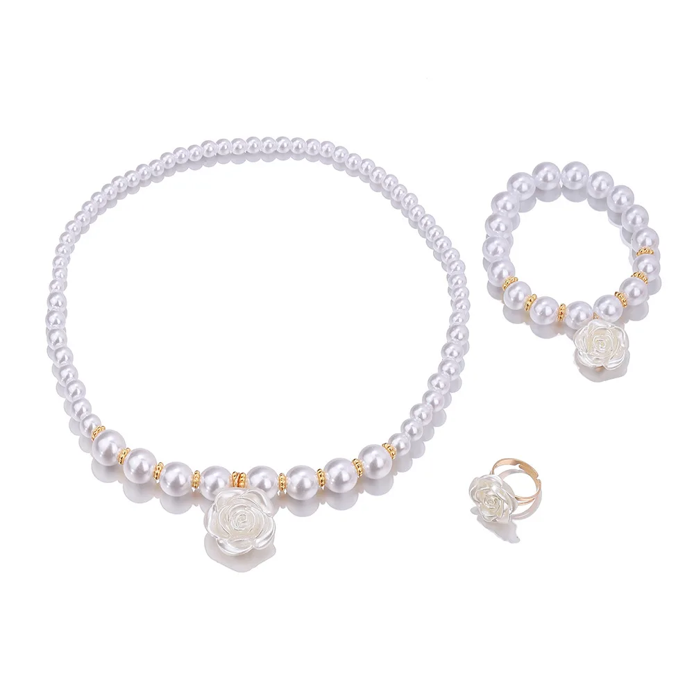 3pcs Set Cute Sweet Pearl Beaded White Camellia Flower Necklace Bracelet Ring for Women Girls Charm Children Jewelry Set Gift