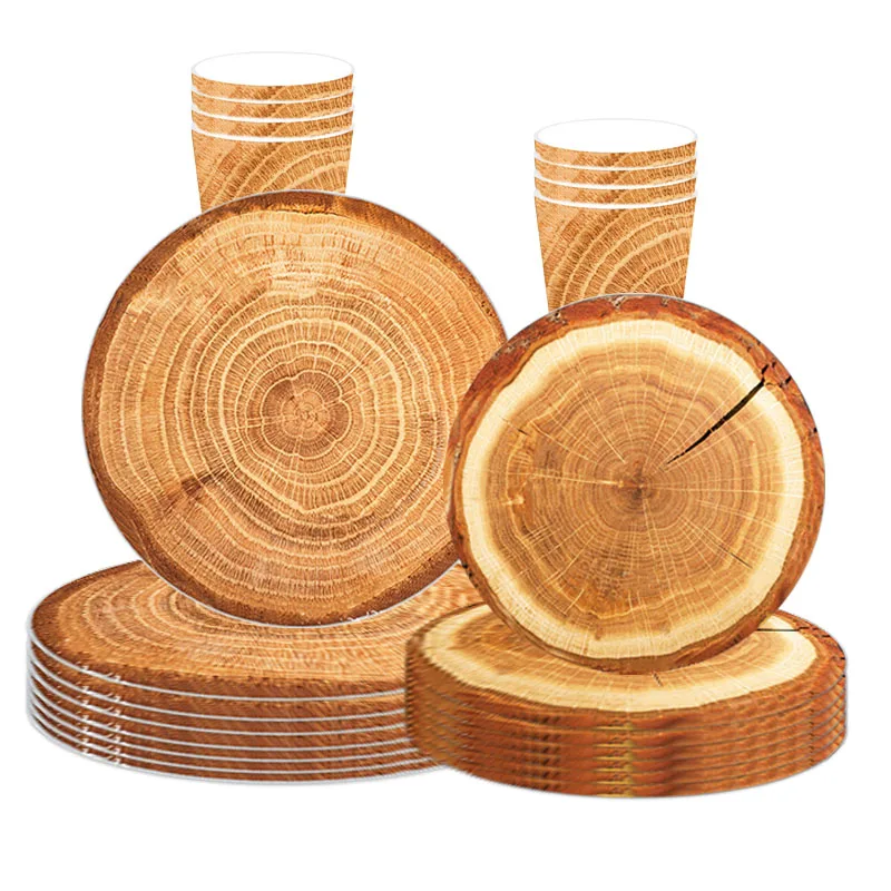 

Funny Annual Ring Disposable Tableware Wood Grain Plates Cups Napkins Village Weeding Supplies Woodland Birthday Party Decor