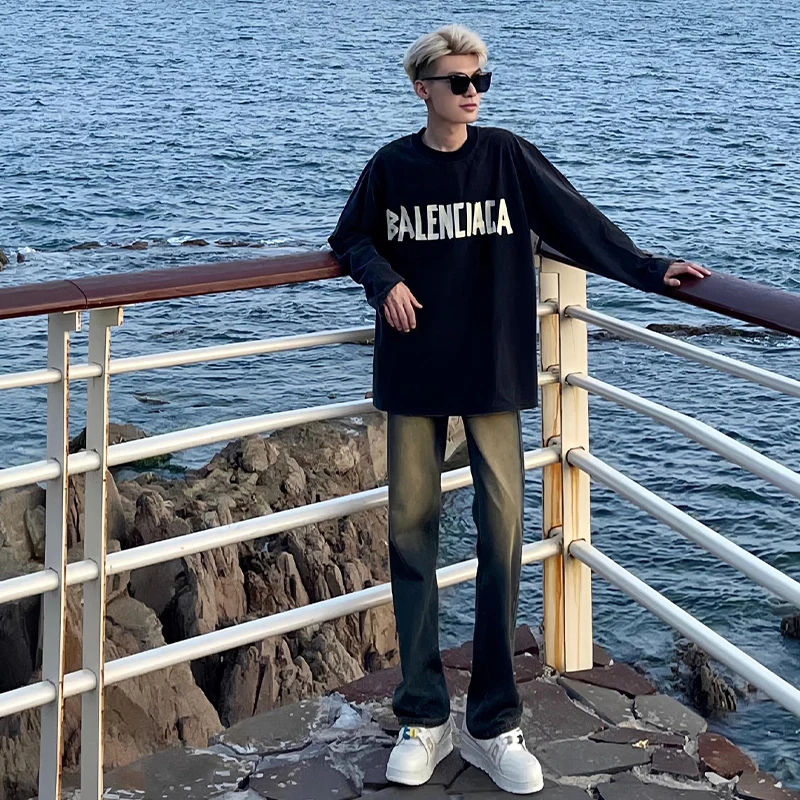 

Мужские джинсы в стиле ретро, американский крой, цвет желтый/голубой, зауженные, прямые, молодежные, модные, длинные, джинсовые брюки