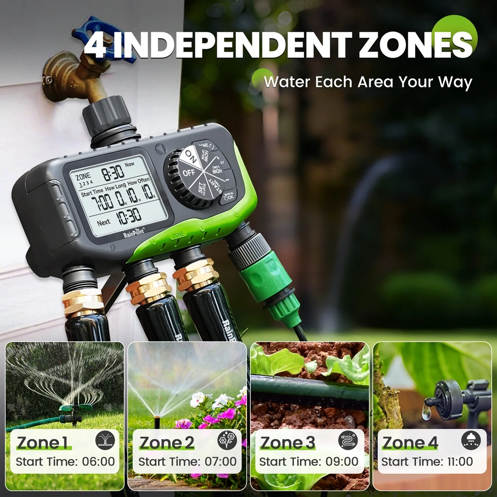 Rainpoint IP65 Digital Irrigation Water Timer 4 Out Manual Programmable Watering System Rain Delay Hose Yard Lawn Garden Tools