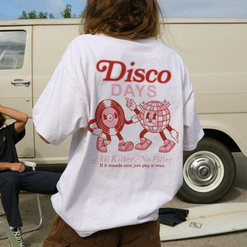 Zurück Druck Disco Tage Grafik T-shirts Hippie Lustige Musik T Shirt Mode Streetwear Tops 80er Jahre Retro Frauen Unisex Kleidung Übergroßen