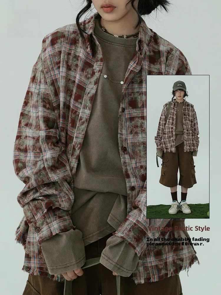 

STILLYOU Vintage Burnt Street Sle Long Sve irt Women Loose Cotton Frayed Hem irt Spring Season Breathable Comfortable