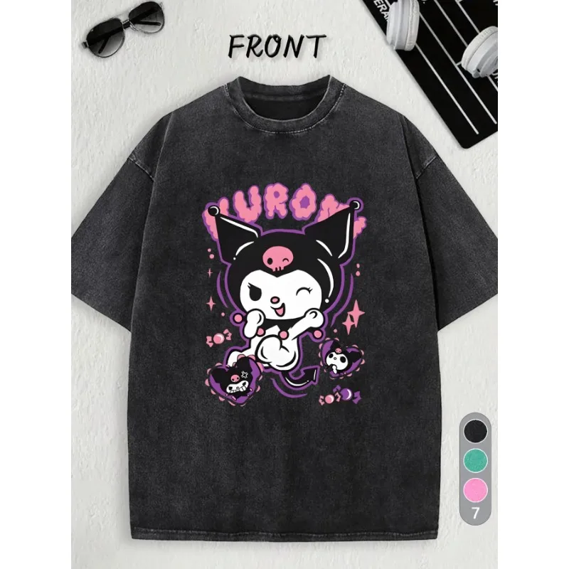 

Sanrio Kuromi узор ретро стираная футболка хлопок с принтом кота и буквенным узором свободный летний повседневный топ пара женской одежды