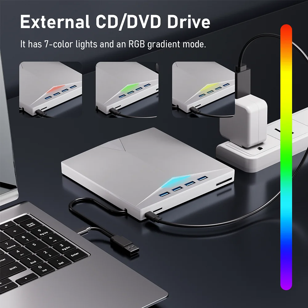 7-in-1 외부 DVD RW 광학 드라이브 CD 버너 리더 플레이어 USB 3.0 Type-c 광학 드라이브 외부 PC 노트북 데스크탑