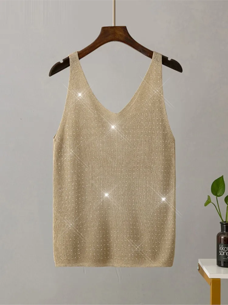 جديد الصيف محبوك بروتيل مع الماس الخامس الرقبة بلون سليم مثير سترة الموضة الملابس النسائية