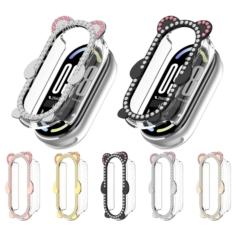 

Cover for Huawei Band 8 9 10 Protective Bumper Frame Bezel Protector Shell Bear single row diamond hollow PC + metal case