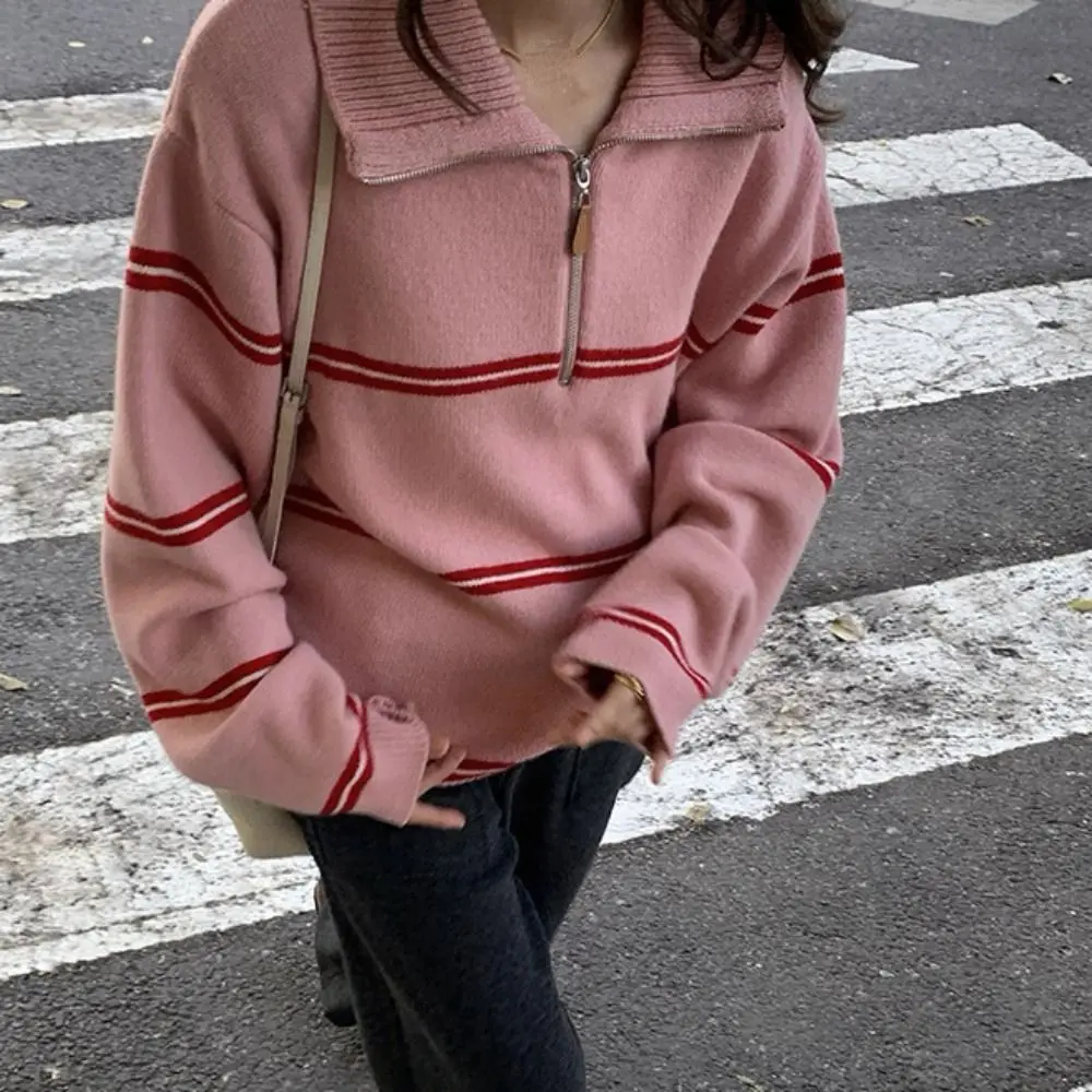 Korean Style Long Sleeve Knit Stripe Hoodie Autumn Casual Crochet Knitwear Sweater Loose Sweet Girl's Pullover Girl