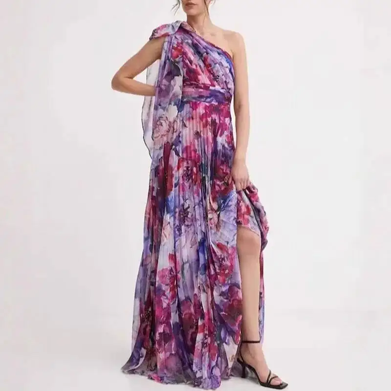Boho Style Floral Print Pleated Maxi Womens Sexy One Shoulder Bowknot Party Summer Backless Hollow Long Dress