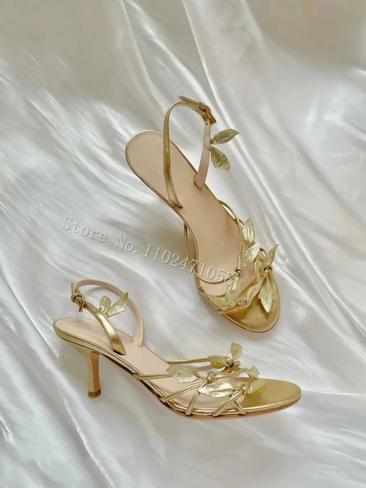 Roman Narrow Band Golden Petals Decor Sandals for women Peep Toe Thin Heel Ankle Strap Sandals Ladies Leather Hight Heels Shoes