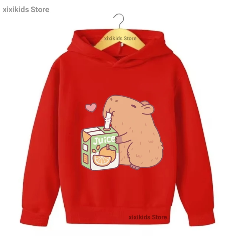 Cute Capybara Loves Juice Printed Cap Hoodies Girls/Boys Kawaii Kids Clothes Spring/Autumn/ Winter Plus Velvet Sweastshirt Tops