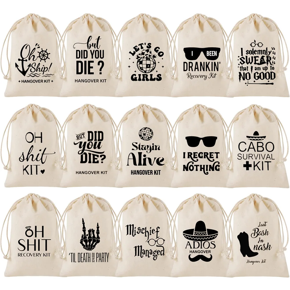 

50Pcs/lot 10*15, 13*18, 15*20cm Hangover Tool Bag Holiday Cotton Drawstring Pouch Wedding Party Favor Bags Print Logo