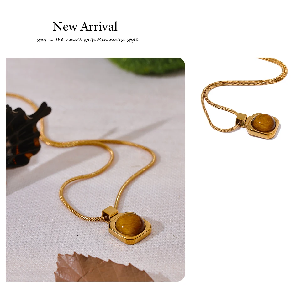 Yhpup High Quality Natural Tiger Stone Square Pendant Necklace Rust Proof Gold Color Fashion Collar Versatile Jewelry Gift