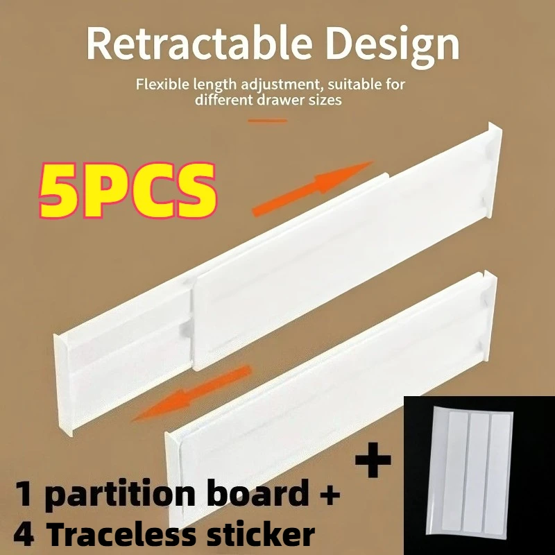 5PCS Adjustable Drawer Divider Set, Plastic Expandable, No-Drill, for Deep/Shallow Drawers, Underwear Socks Kitchen Desk Storage