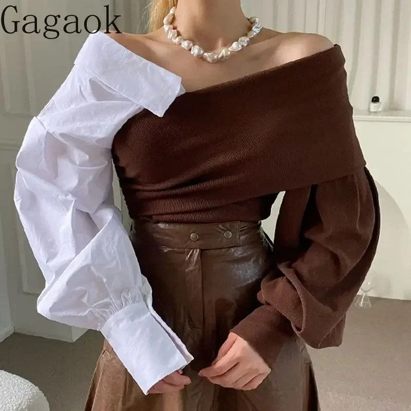 Gagaok Patchwork Blouses Early Autumn One Line Neck Shirt Women Design Sense Spliced Shirts Retro Off Shoulder Top