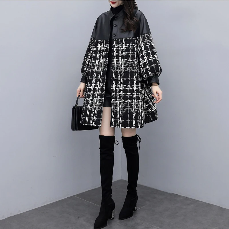 

Women's Woolen Coats 2024 New Stitching Tweed Woolen Plaid Jacket Mid-Length Casual PU Leather Coat Cloak Outerwear Female