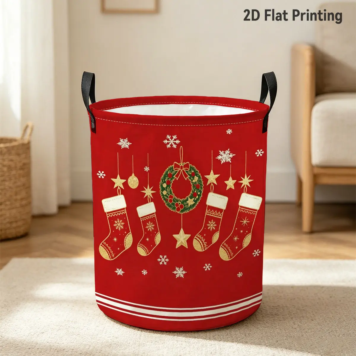 Christmas Laundry Basket Suitable for Laundry Room Storage Vibrant Red Holiday Clothes Hamper with Stockings Wreath