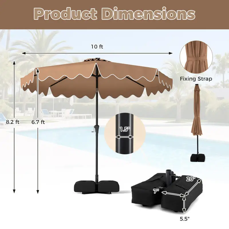 

10 FT Outdoor Patio Umbrella with Solar LED Lights and Weighted Base-Brown