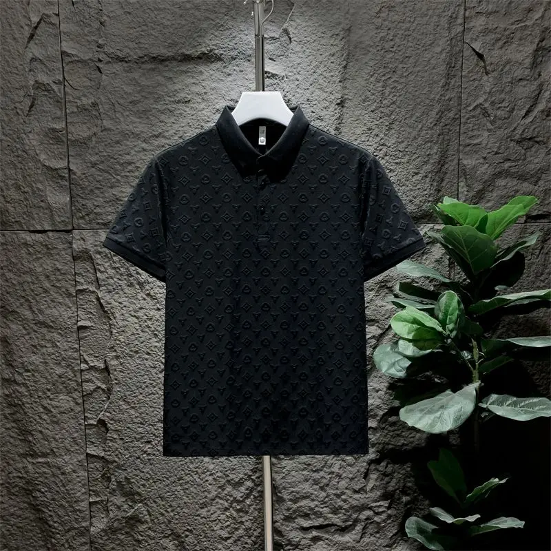 Niche short-sleeved men's light luxury T-shirt European temperament solid color jacquard casual round neck top