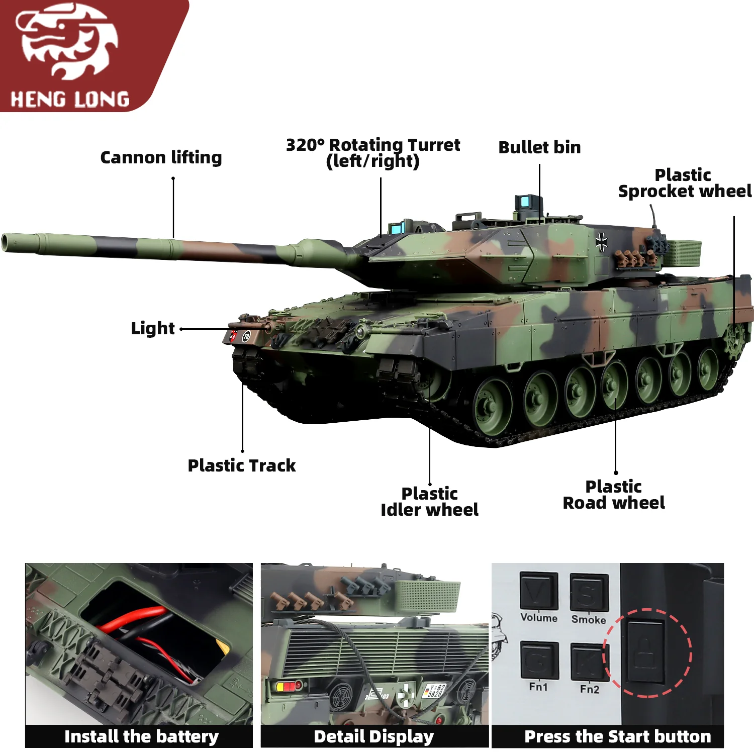 Heng Long RC-Panzer 1/16 Deutsches Leopard 2A6-Panzermodell (Vollkunststoff-Basic-Version). & 320 °   Rotierender Turm & TK7.0 & 2,4 GHz) Nr. 3889