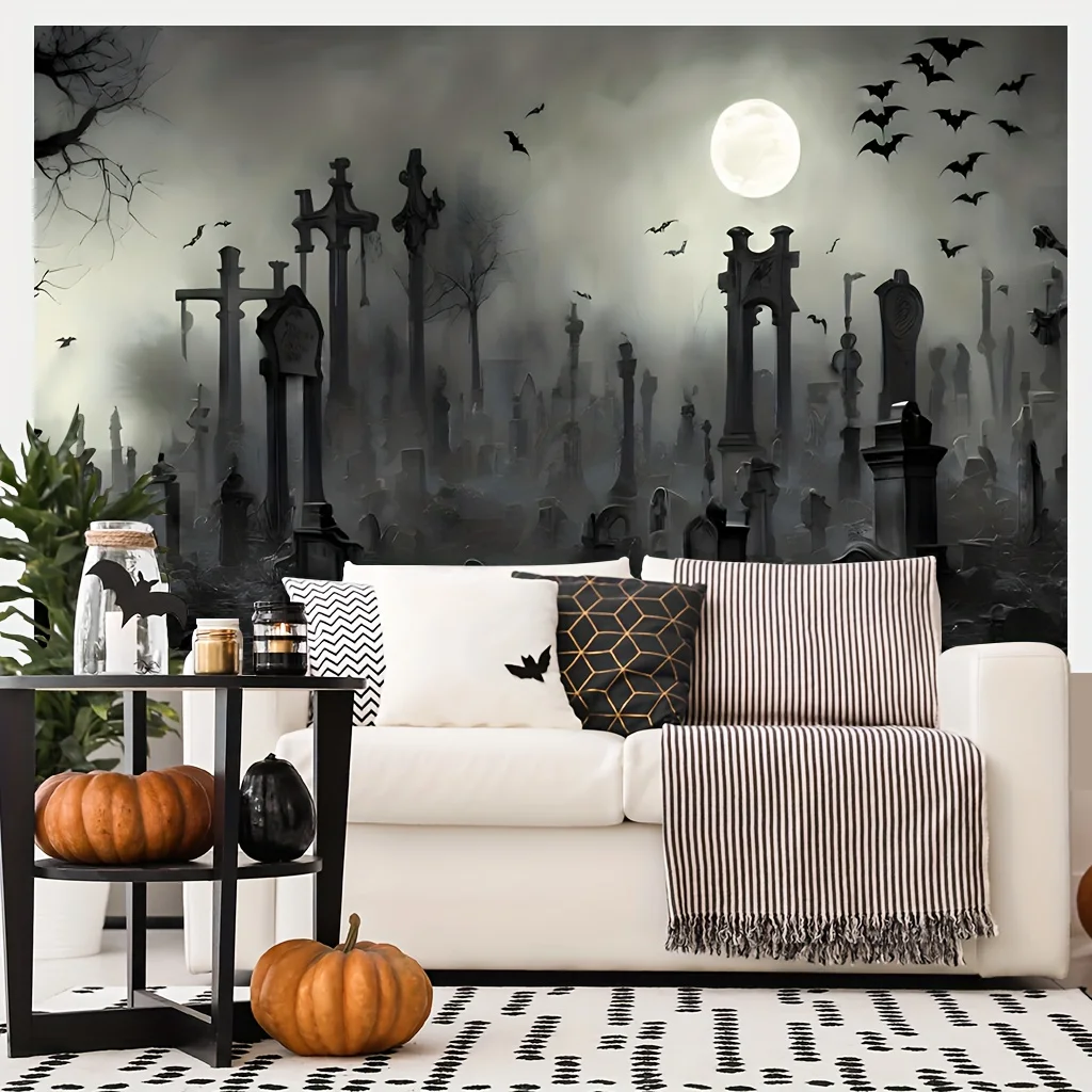 Halloween night full moon background gloomy forest cemetery photography background terrifying cemetery ghost party banner