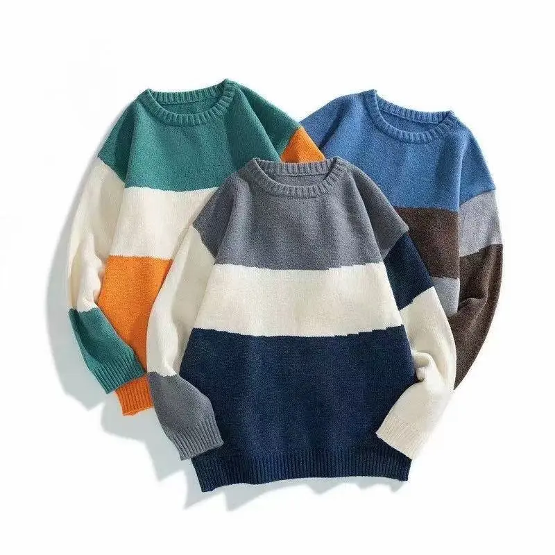 

Fall Winter Men's New Fashion Loose Three-Color Splicing Sweater Round Neck Pullover Knit Sweater Simple Solid Color Casual Tops