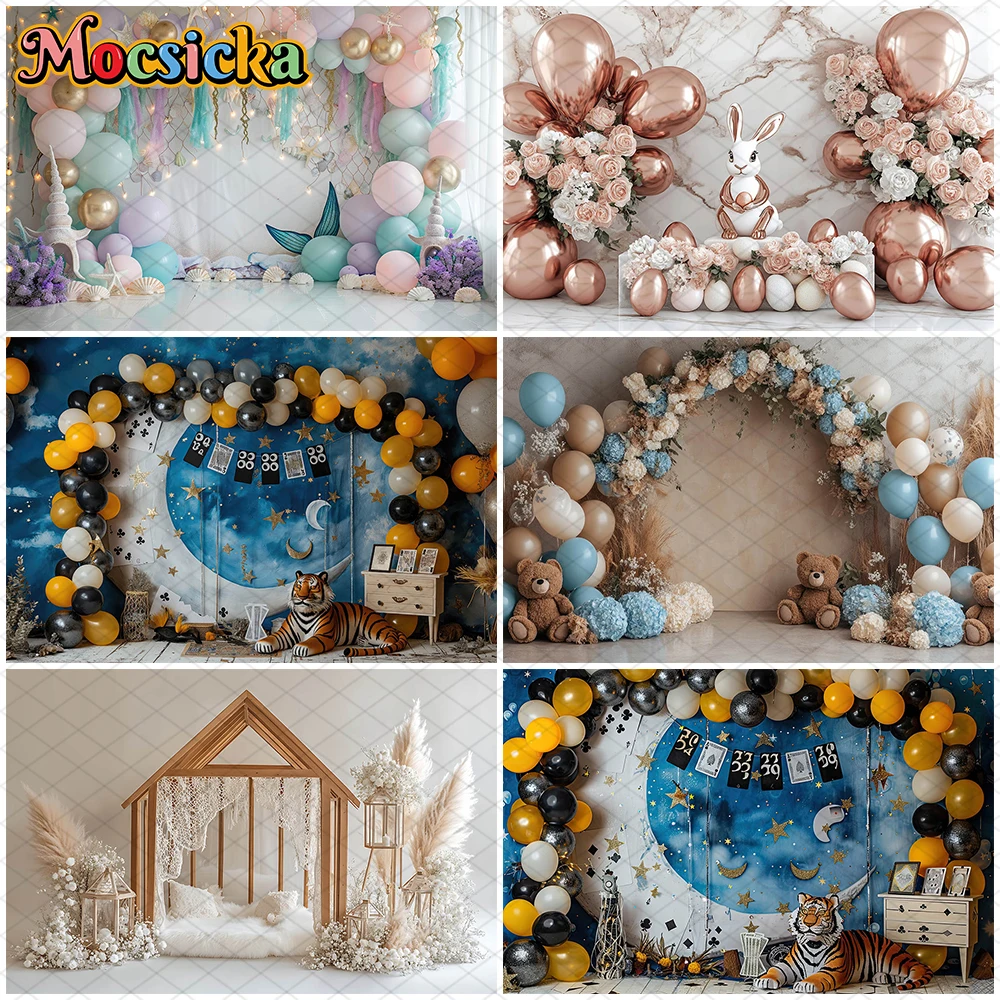 

Mocsicka Happy Birthday Backdrop Photography Balloons Flower Bear Party Supplies Decor Child Baby Shower Photo Background Banner