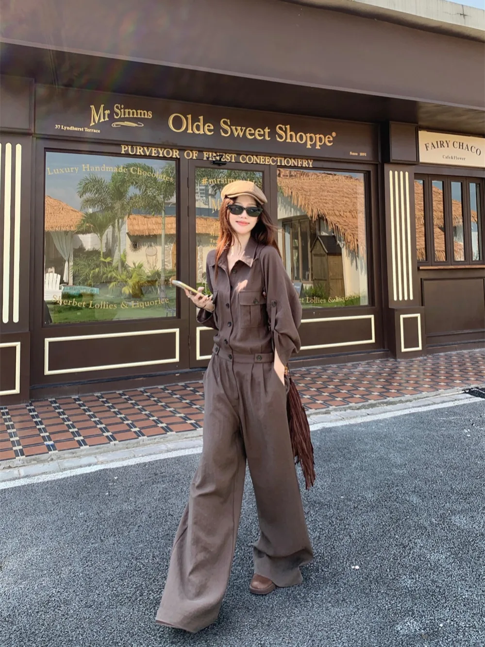 

Kumikumi Vintage Neck Jumpsuit Women's Casual Loose Workwear Long Pants Coffee Color Spring Fashion Set High Waist